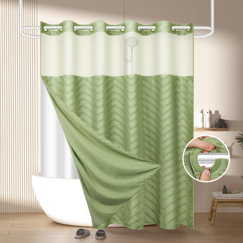 FADOTY no-hook shower curtain installed, showcasing effortless setup without hooks.