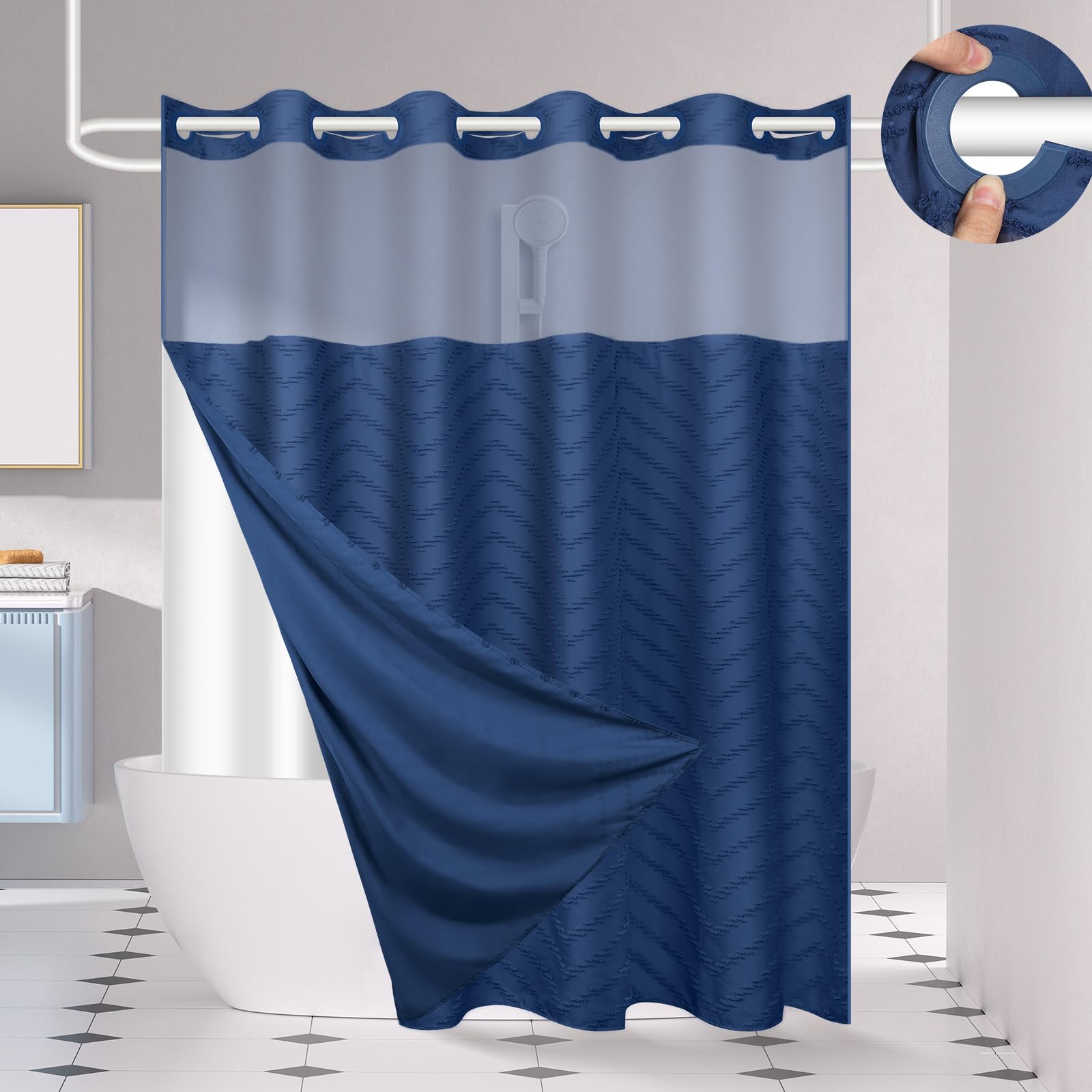 FADOTY no-hook navy blue tufted chevron curtain enhances bathroom décor