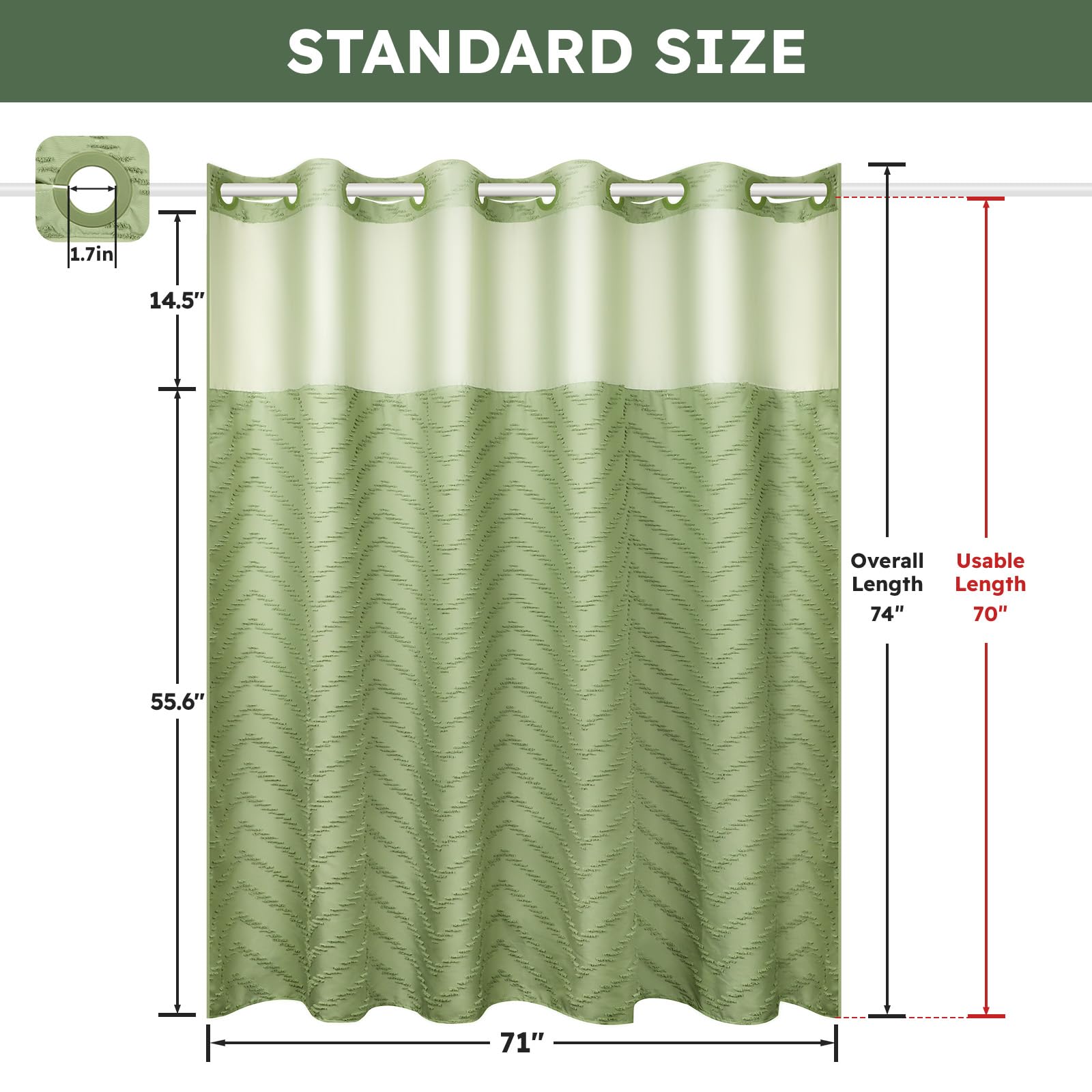 FADOTY standard 71x74 curtain fits most baths with a stylish liner.