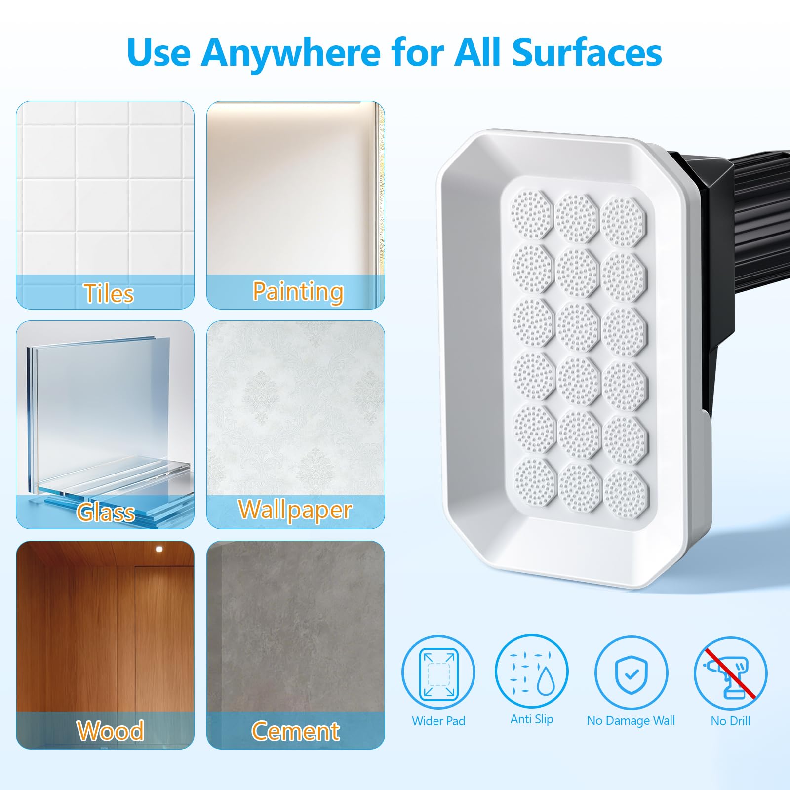 Surface-ready rod compatible with tile, drywall, and glass.