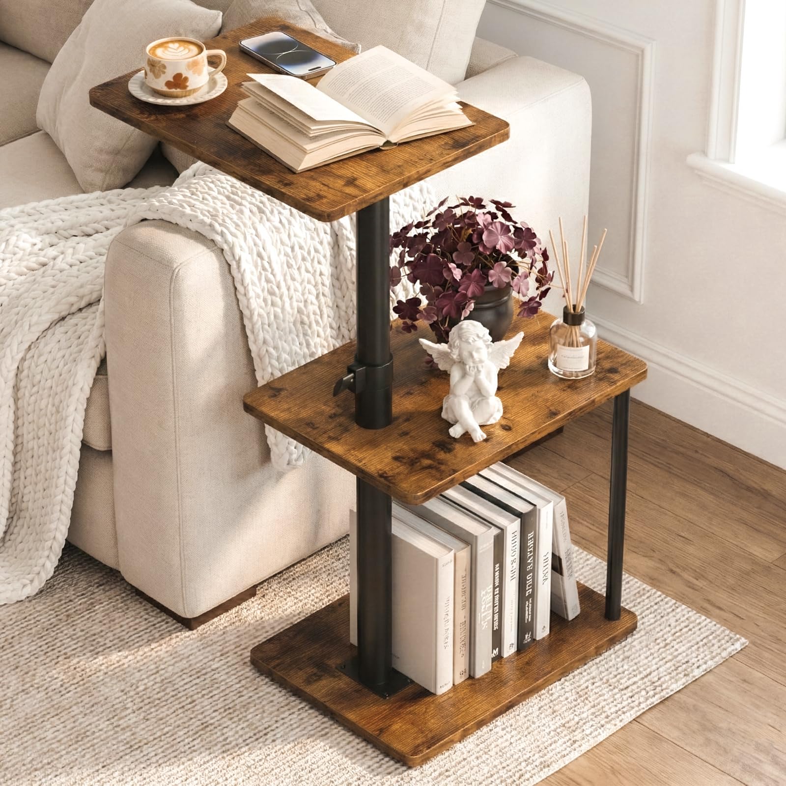 Faesun 360° swivel side table beside a couch for easy reach.