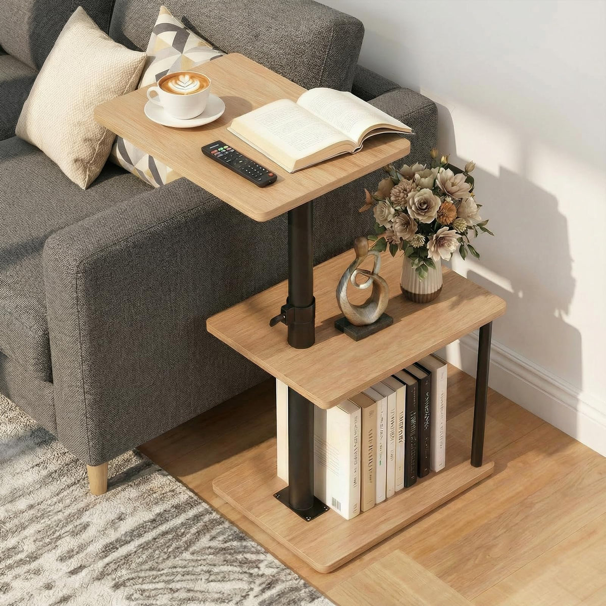 Faesun 360° swivel side table in oak finish, ideal for snacks within reach while watching TV