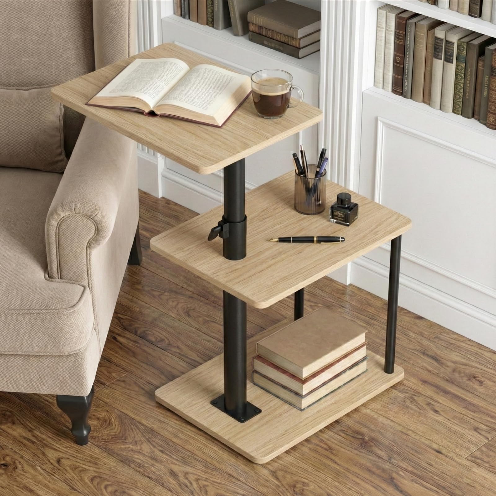 Faesun C-shaped end table with storage shelves, keeping remotes and magazines organized