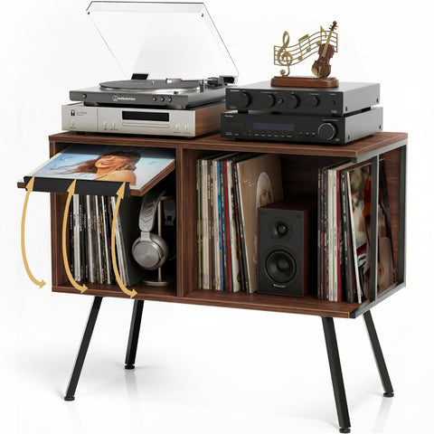 Faesun flip-top dustproof cabinet protects vinyl collection in stylish walnut finish.
