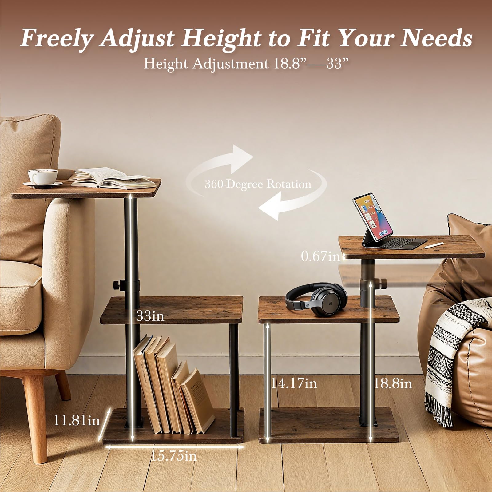 Faesun height adjustable end table aligned with sofa height.