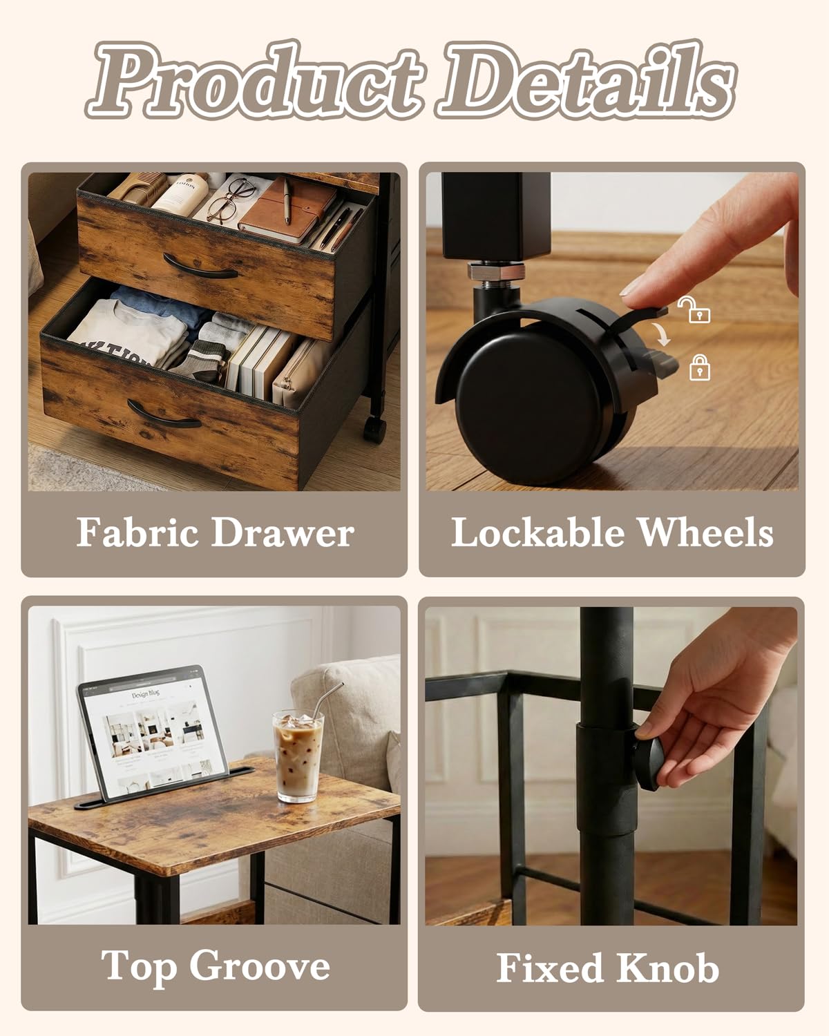 Faesun height-adjustable nightstand adapts to seating height for comfortable reach.