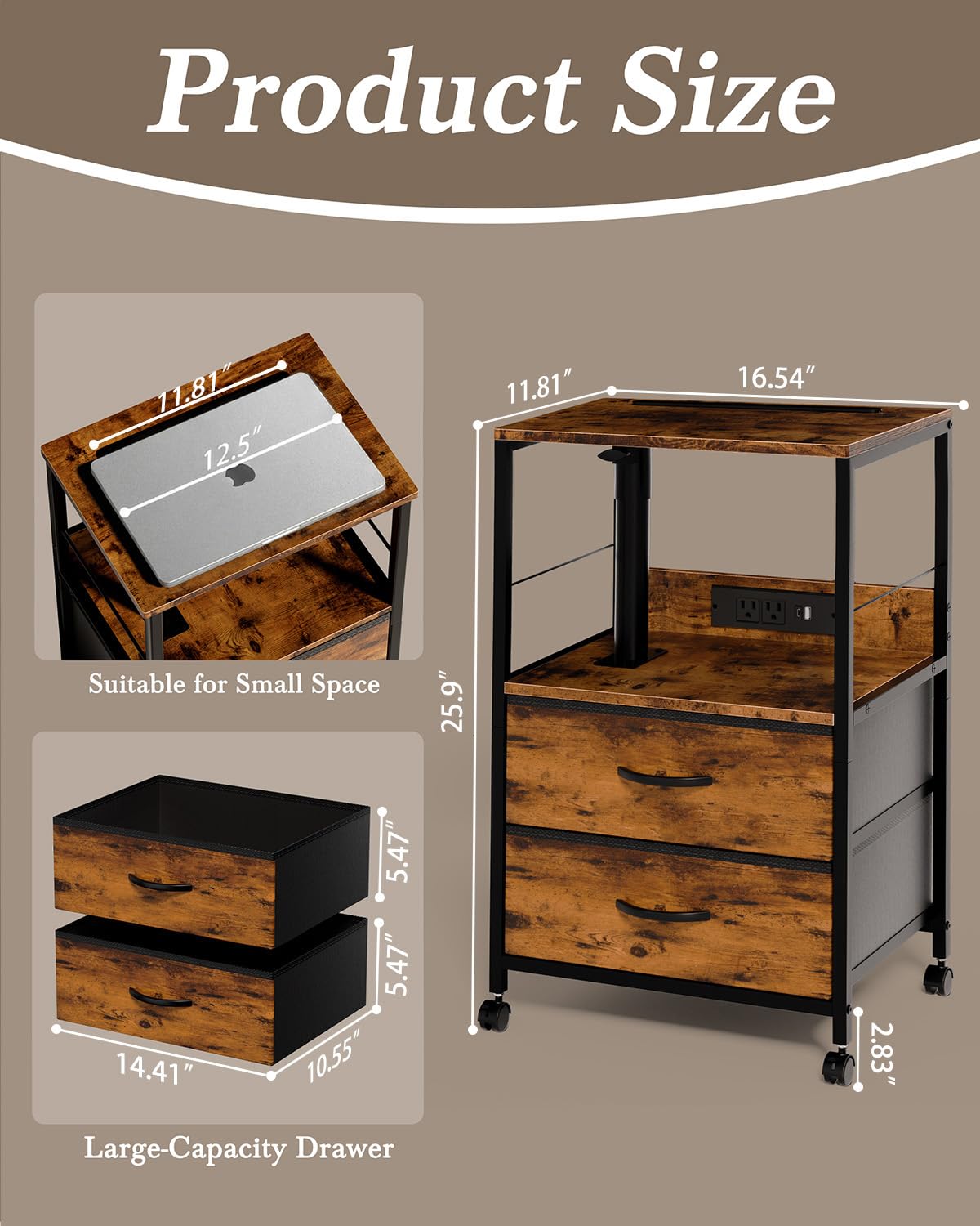 Faesun rolling bedside table with four casters for easy movement on carpet or hardwood.