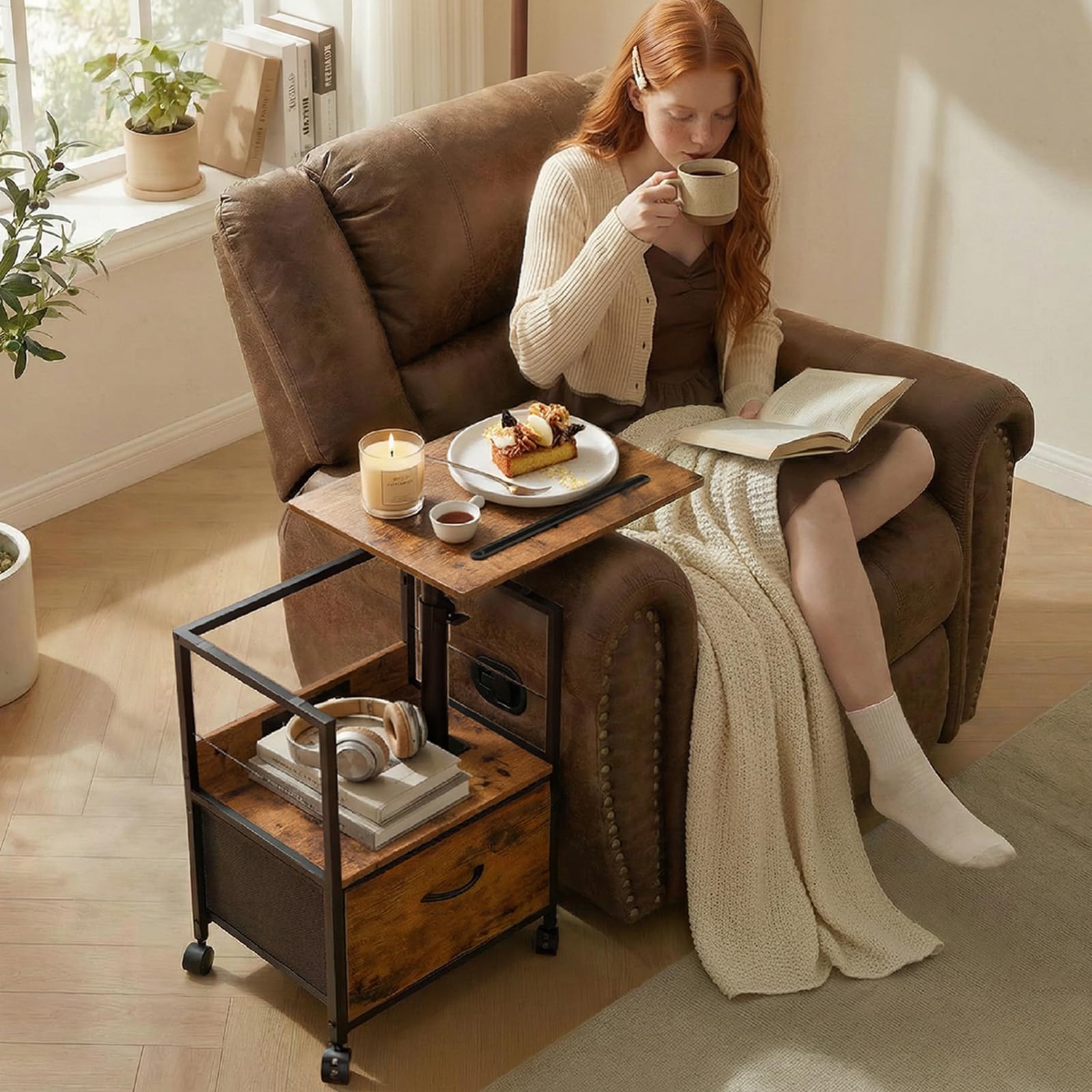 Faesun rolling side table for recliner with four swivel casters for easy repositioning.