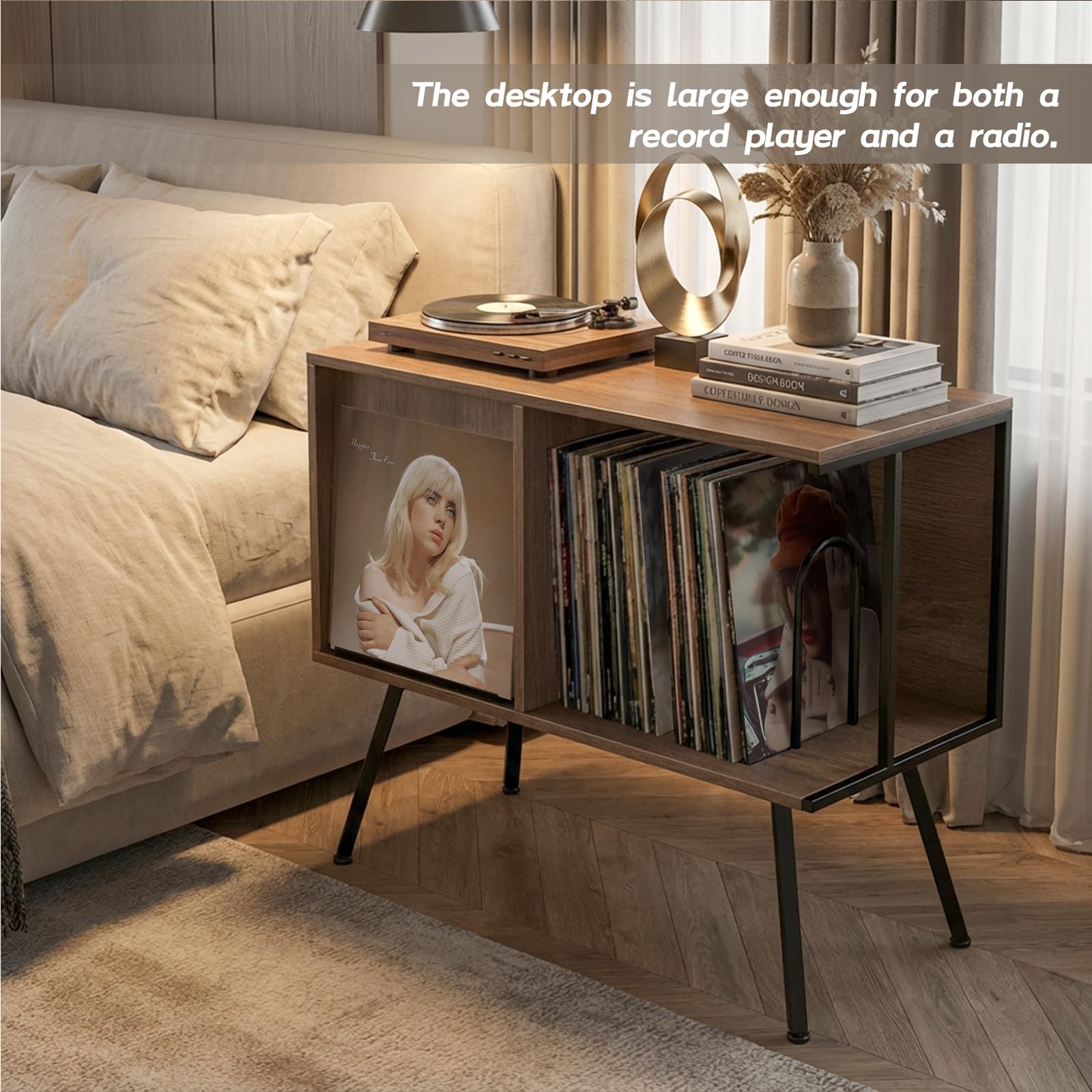 Faesun sturdy wood and metal legs support the stand and heavy records.