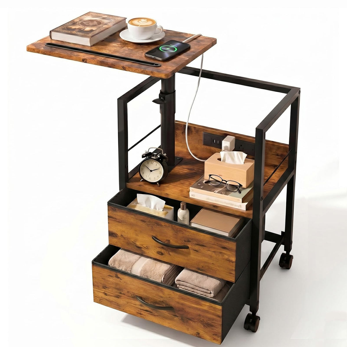 Faesun swivel lift top nightstand brown with adjustable height for versatile bedside use.