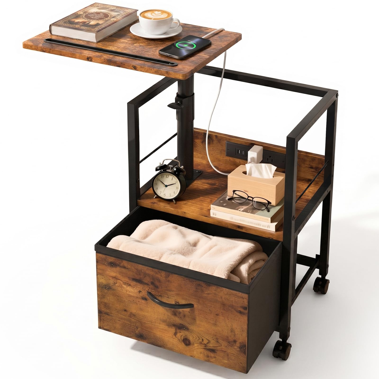 Faesun swivel lift top nightstand with charging station keeps devices within reach.