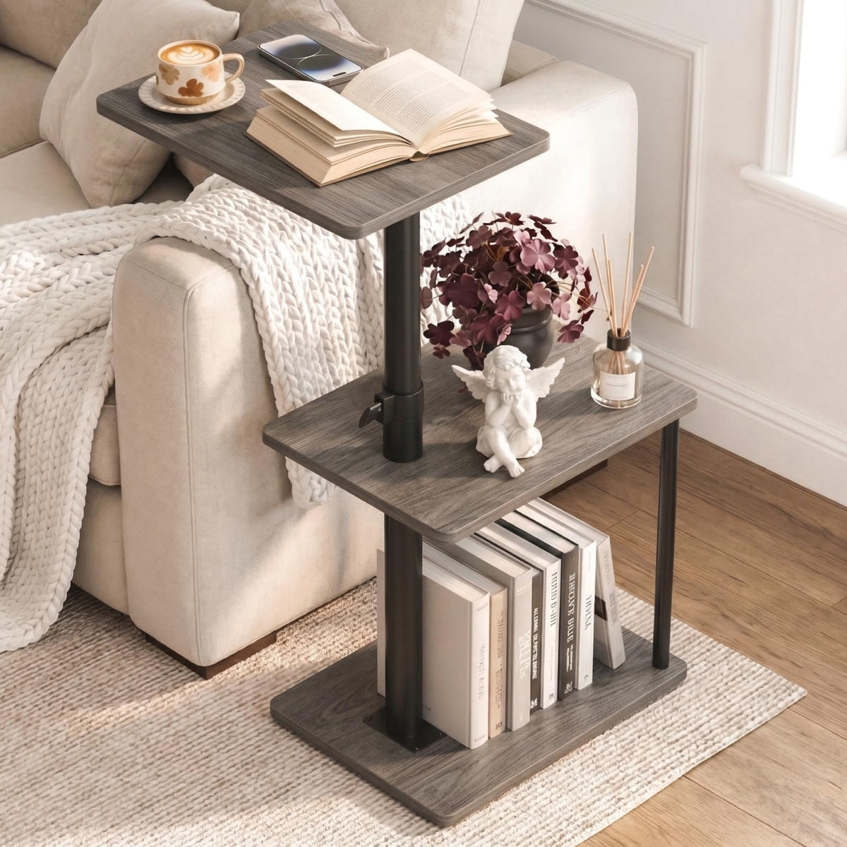Faesun 360° swivel side table beside the couch for effortless access.
