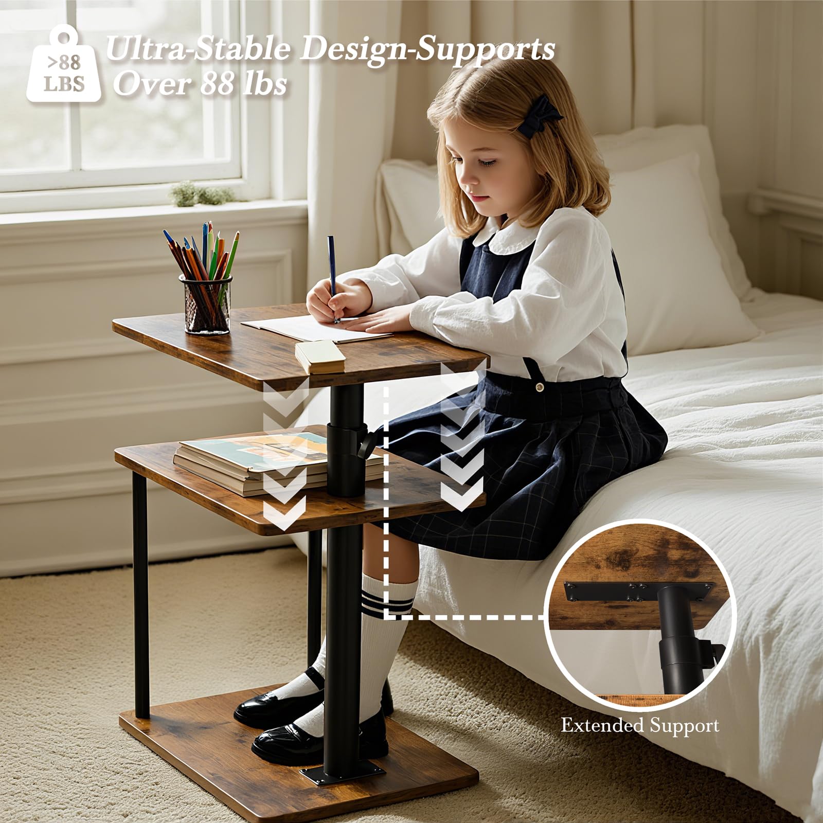 Faesun swivel side table with open shelf for remote storage.