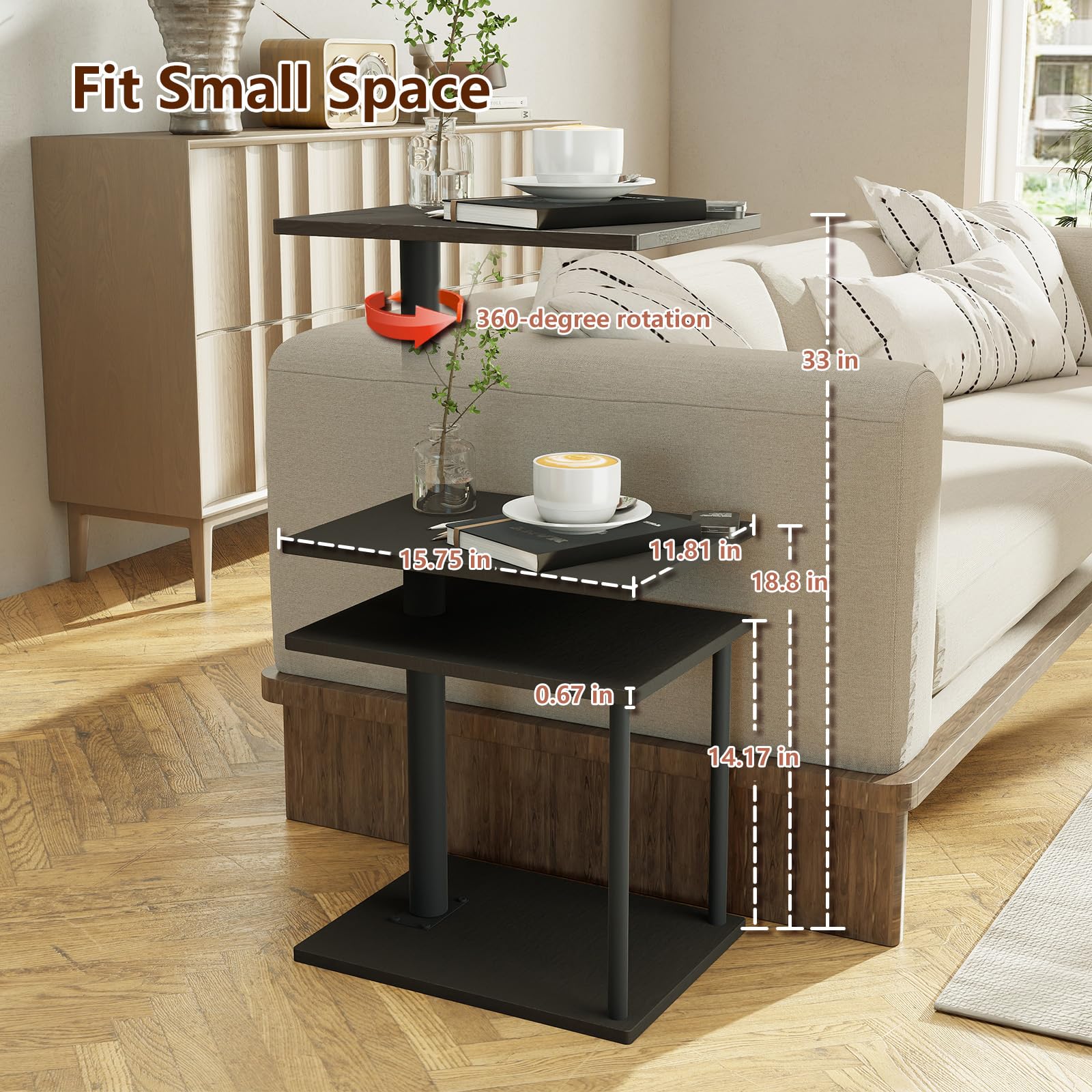Faesun storage shelf on the side table keeps remotes and books organized