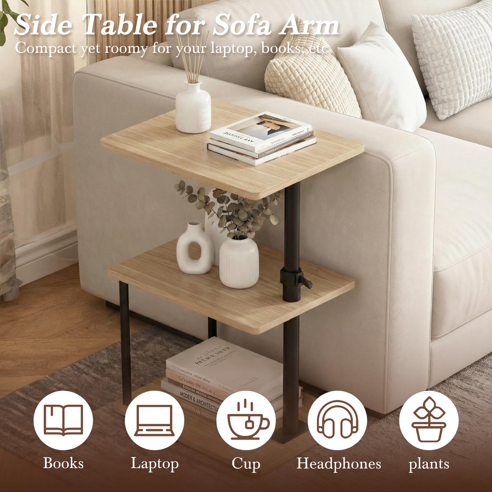 Faesun three-tier night stand with open shelf provides versatile storage options