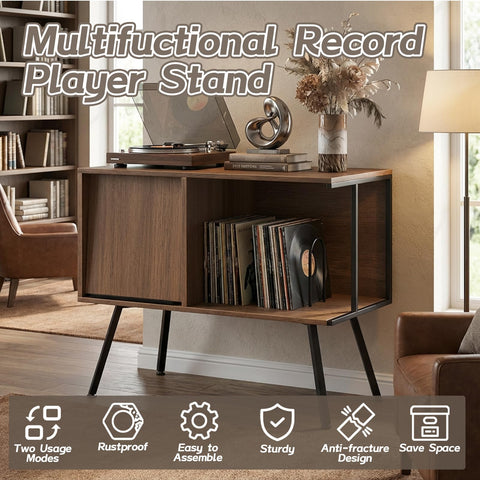 Faesun walnut finish record stand complements mid-century inspired interiors.
