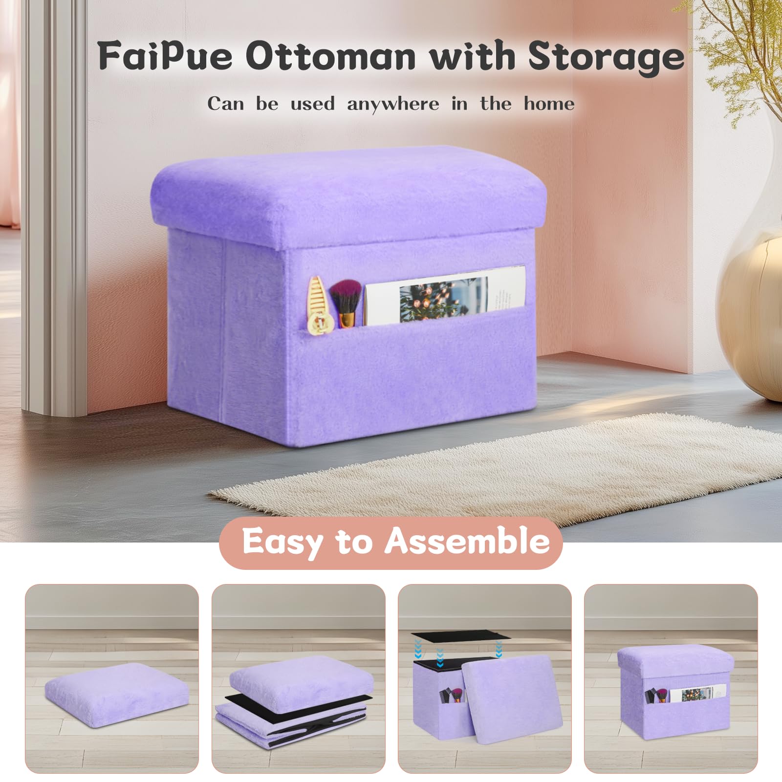 Faipue bedroom or living room ottoman in purple versatile for any room.