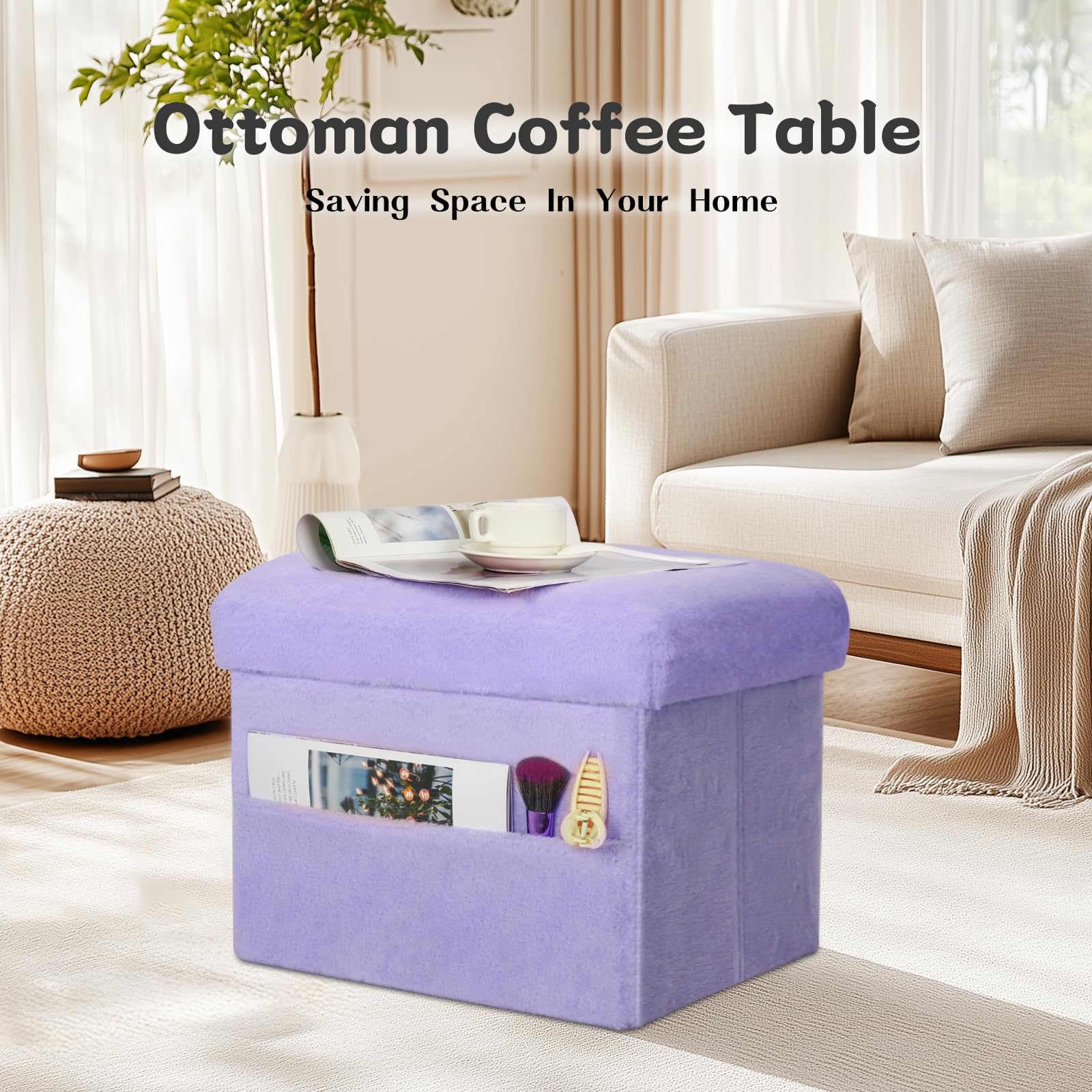Faipue plush seat ottoman in purple provides comfortable foot support near seating.