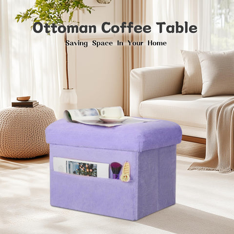 Faipue plush seat ottoman in purple provides comfortable foot support near seating.