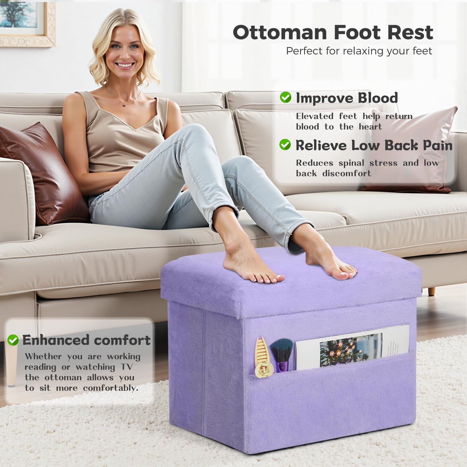 Faipue storage ottoman bench in purple, sturdy and foldable for living rooms.