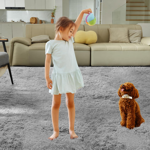 Fairblink 5x8 Fluffy Shag Rug in bedroom provides plush texture for restful relaxation.