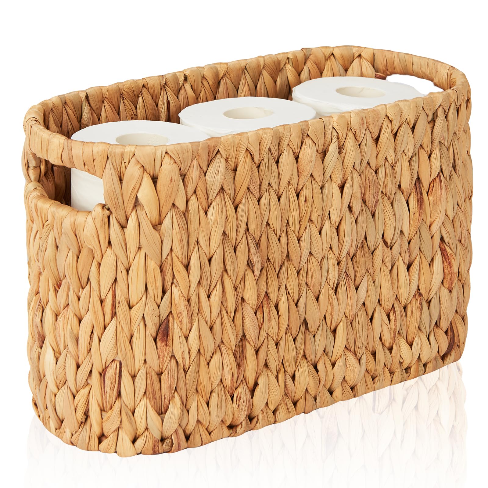 FairyHaus wicker toilet paper basket front view highlights compact storage.