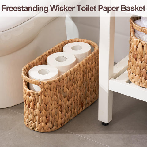 FairyHaus wicker toilet paper basket side view shows slim profile for small spaces.