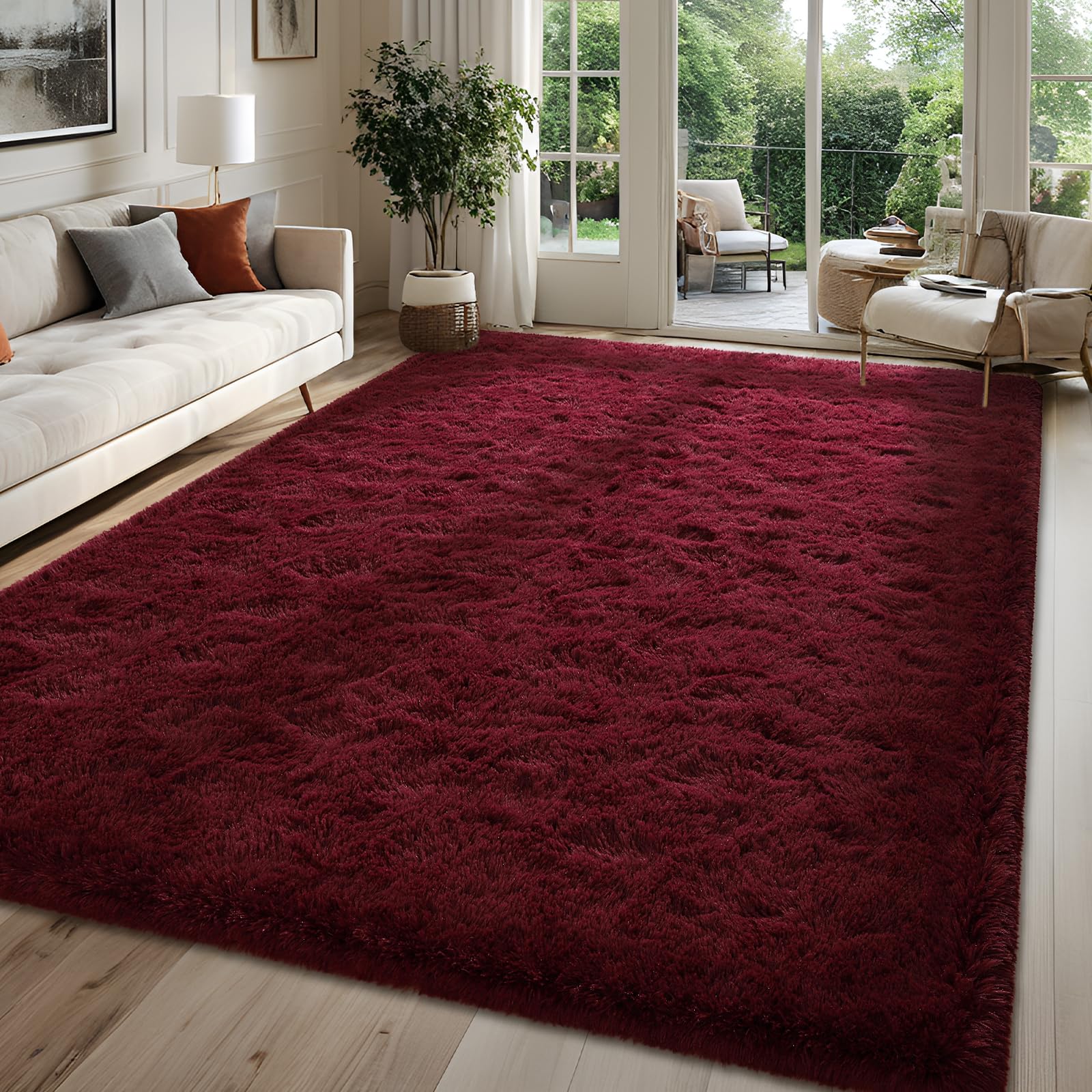 FALARK fluffy burgundy rug 4x6, ultra-soft texture for cozy bedrooms.