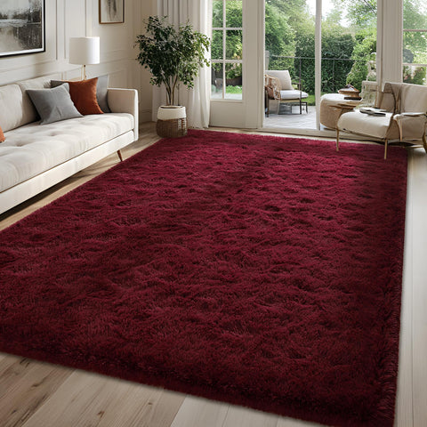 FALARK fluffy burgundy rug 4x6, ultra-soft texture for cozy bedrooms.