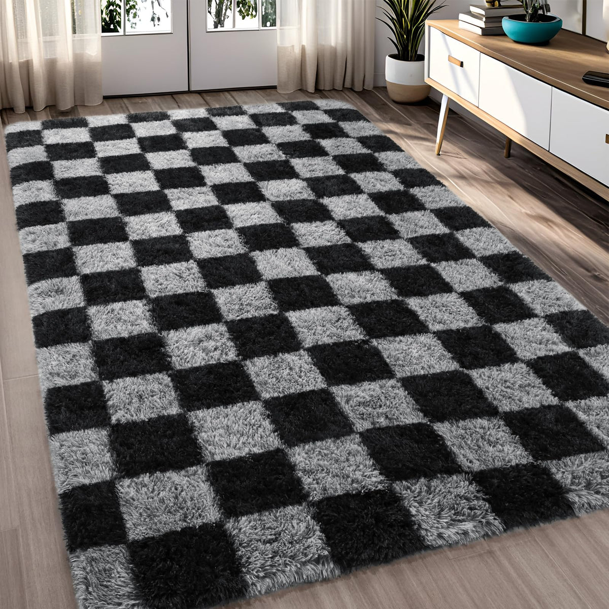 FALARK checkered 4x6 black grey rug adds bold contrast for stylish rooms