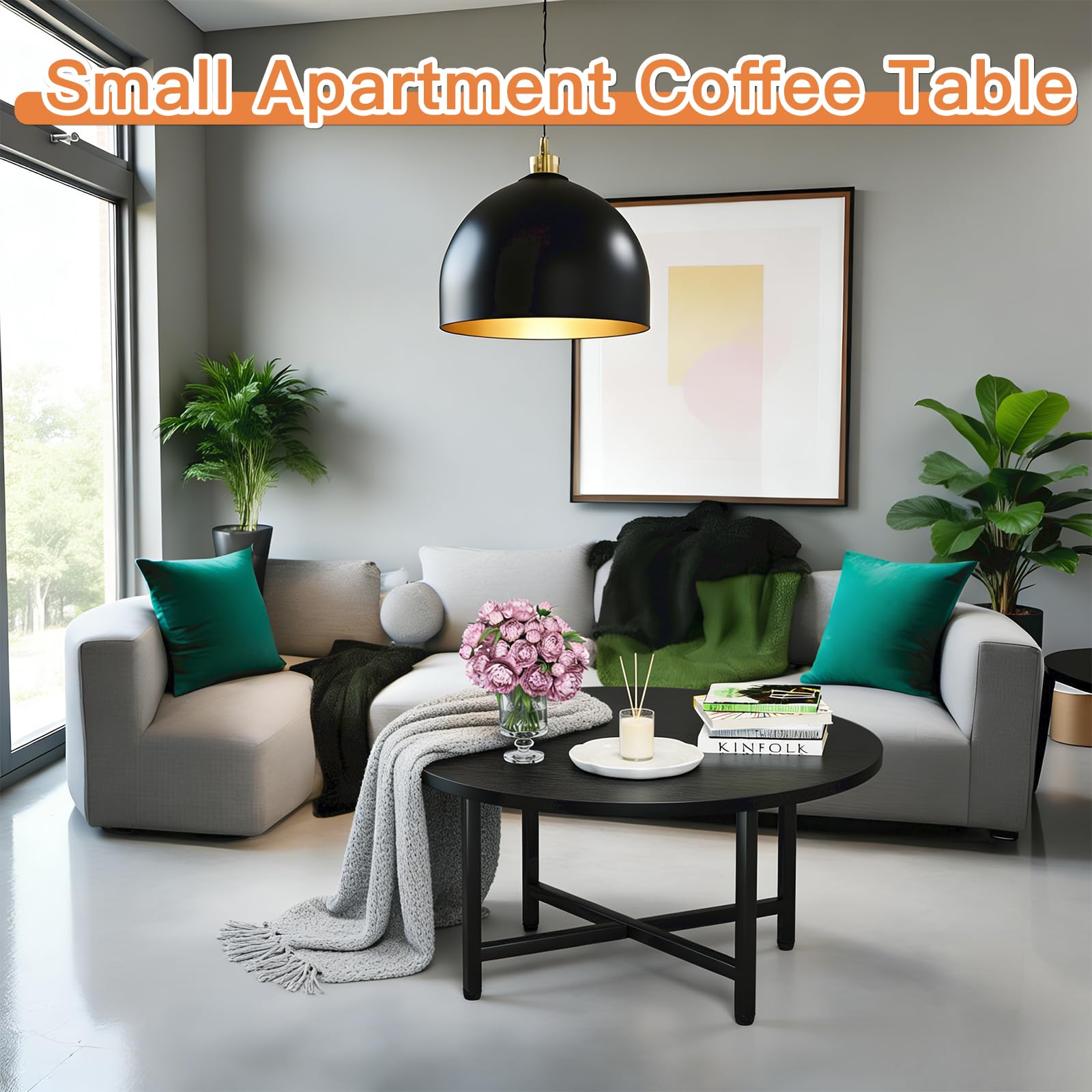 Round wood top and steel frame provide stable support for drinks and devices.