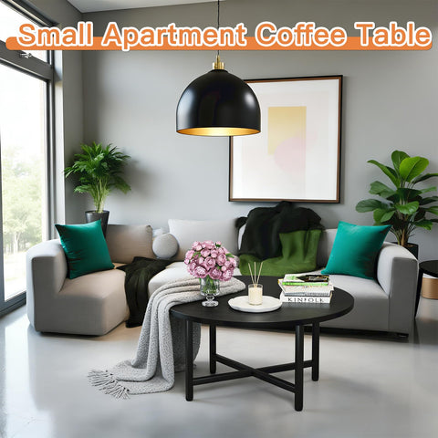 Round wood top and steel frame provide stable support for drinks and devices.