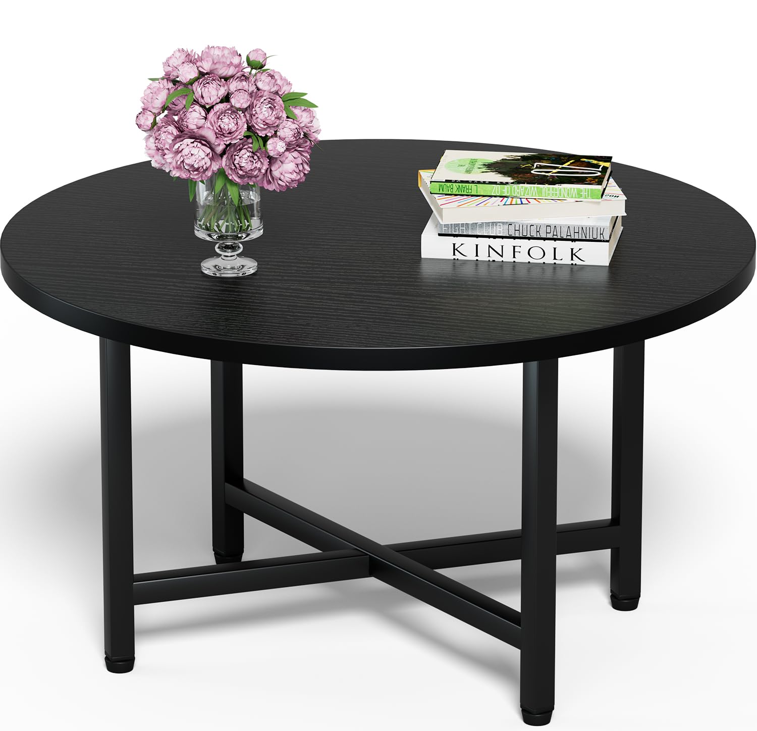 FAMIDGE round coffee table with wood top and metal legs, ideal for living rooms.