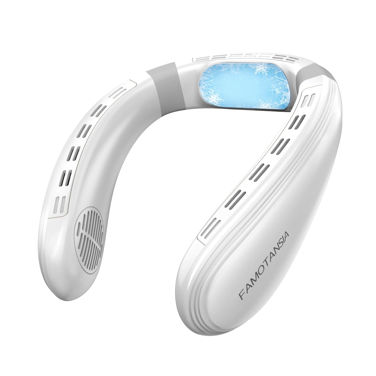 FAMOTANSIA neck fan with cooling plate for travel comfort and hands-free cooling.