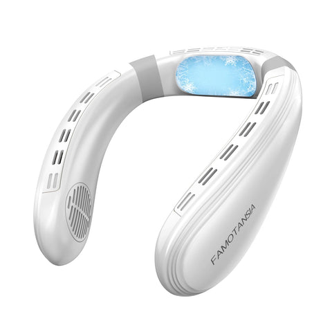 FAMOTANSIA neck fan with cooling plate for travel comfort and hands-free cooling.
