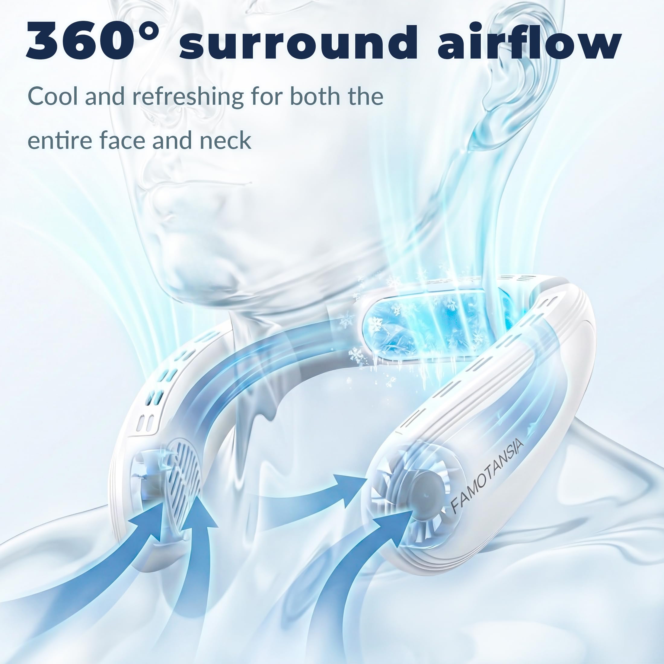 FAMOTANSIA neck fan ergonomic fit resting on the neck for comfort.
