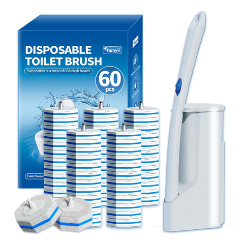 FAMYLI disposable toilet brush set with holder for easy storage and quick swaps.
