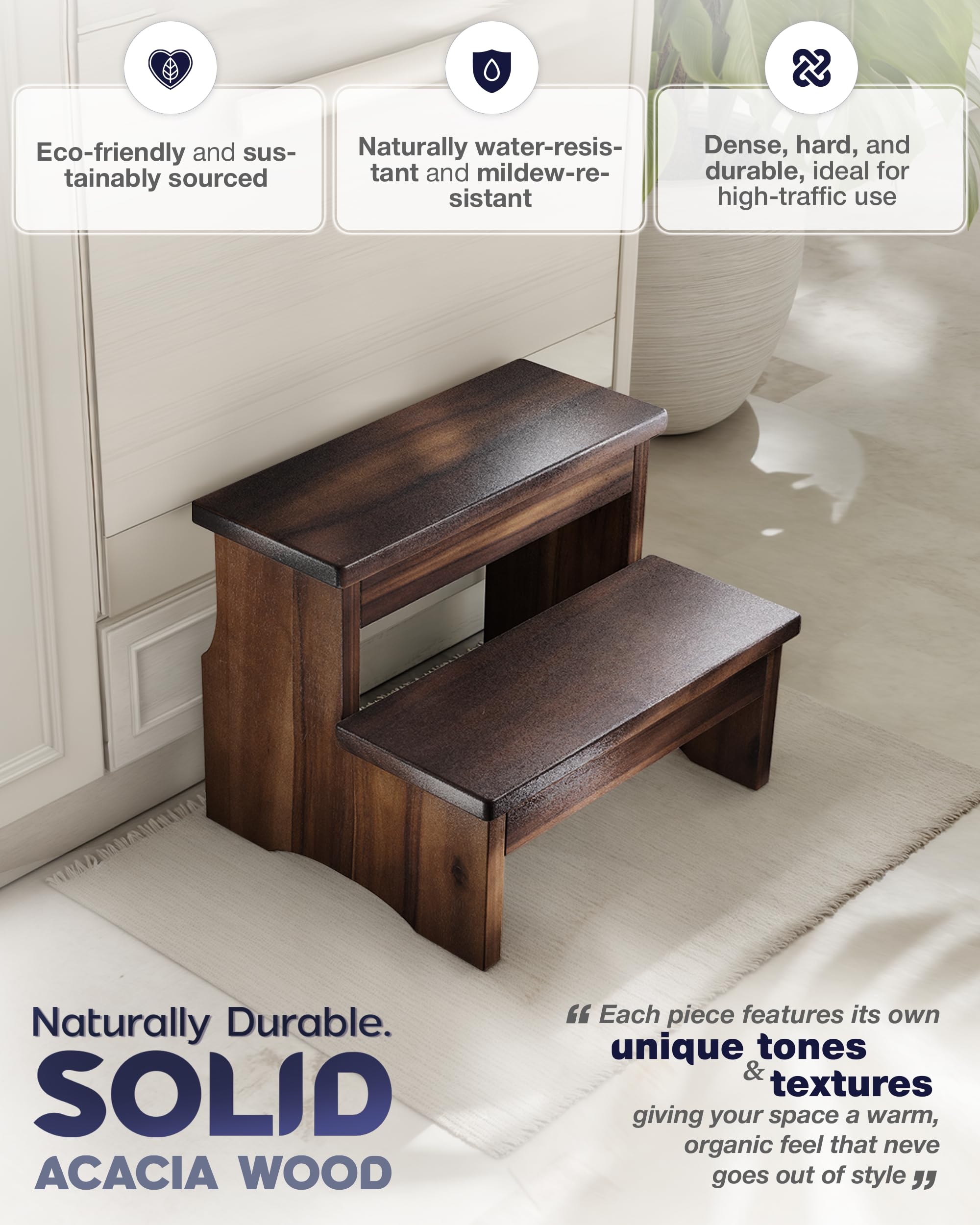 FANATU wooden two-step stool with walnut finish, side view shows sturdy access near cabinets.