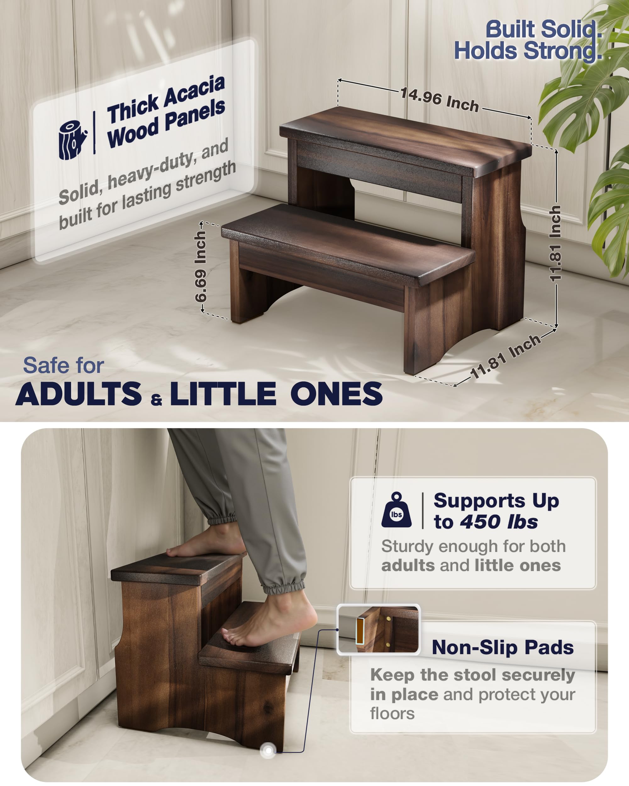 FANATU wooden two-step stool with walnut finish, top view for compact storage insight.