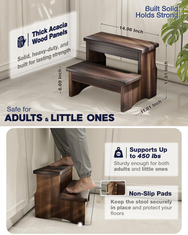 FANATU wooden two-step stool with walnut finish, top view for compact storage insight.