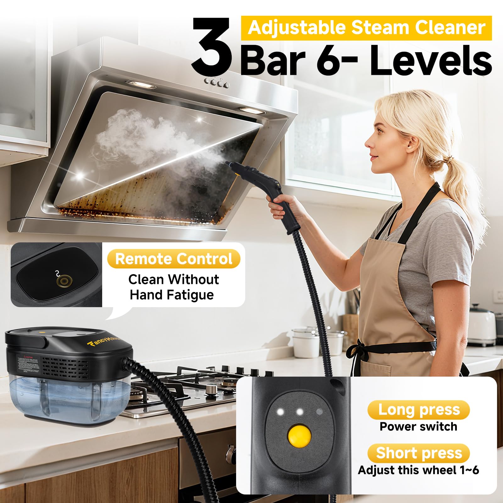 Three adjustable steam levels for delicate fabrics or tough grime on FancyMouse