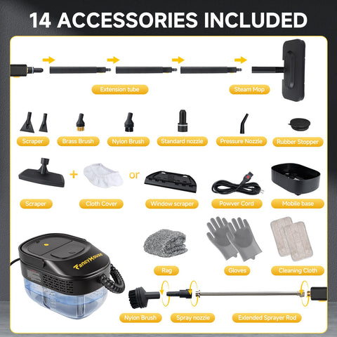 Mop pads and brushes support floors, tiles, and upholstery cleaning with steam