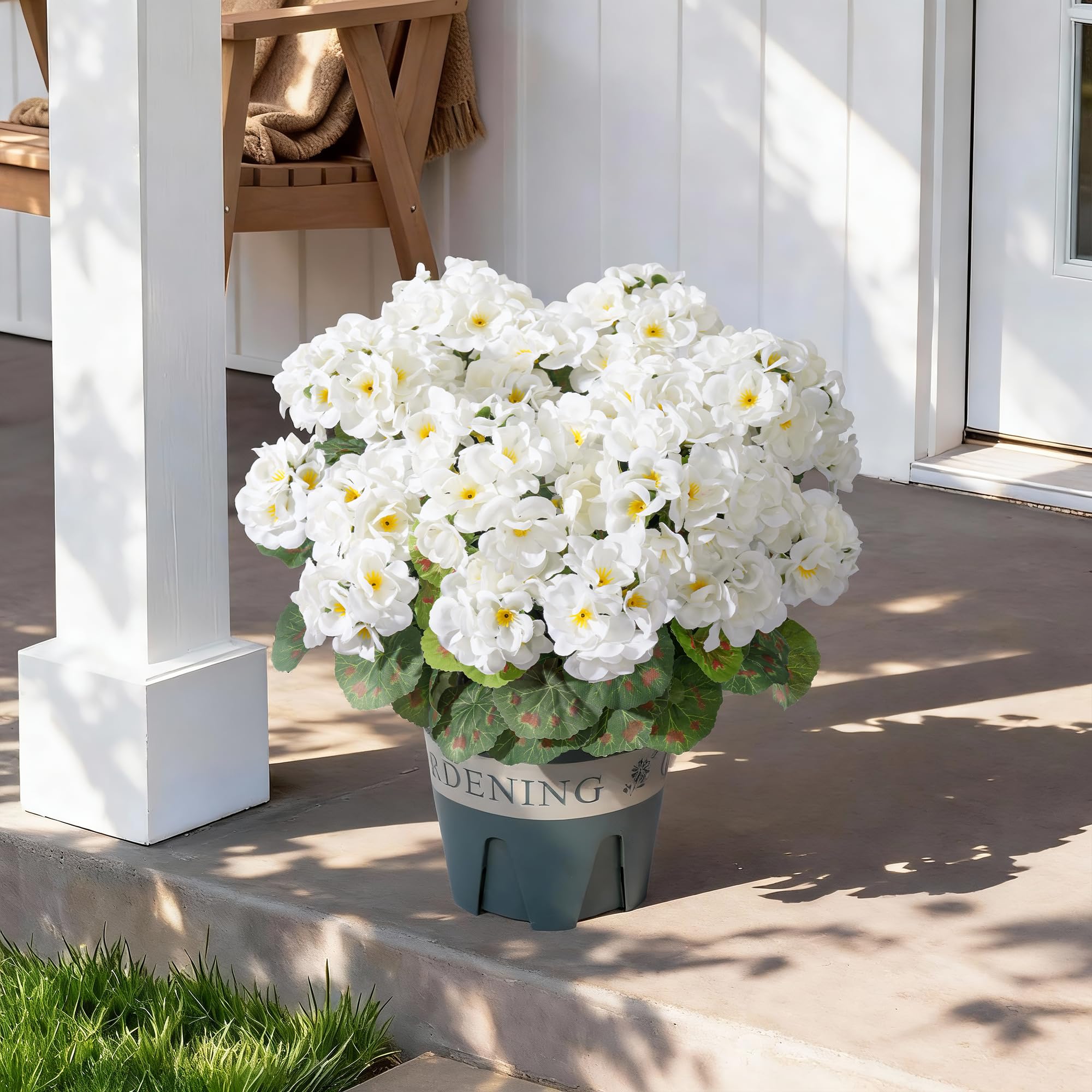 FancyPlus geraniums outdoor front-door display creates welcoming seasonal color.