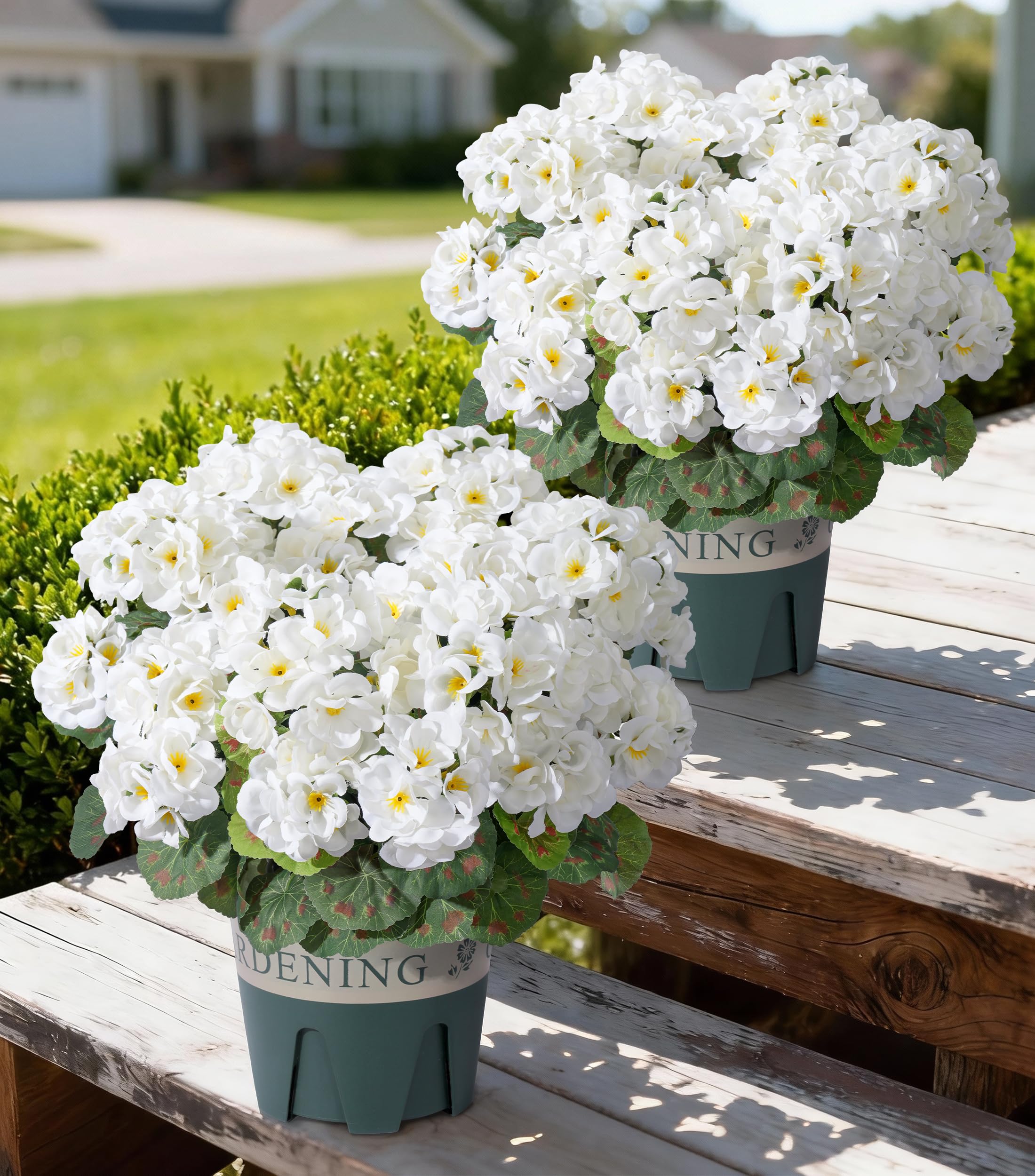 FancyPlus geraniums outdoor topiary assembly shows lifelike color for patios.