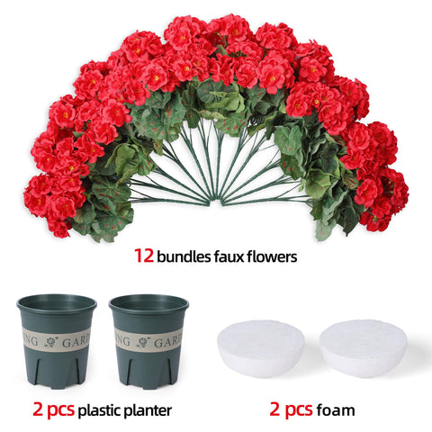 FancyPlus artificial geraniums with waterproof planters, low-maintenance beauty for entryways.