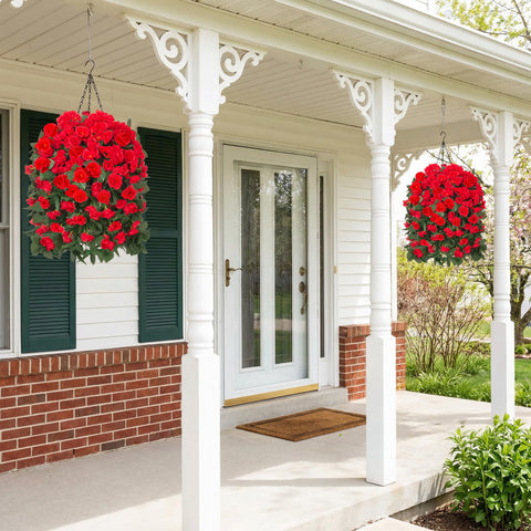 FancyPlus rattan basket with three geranium branches for balcony decor.