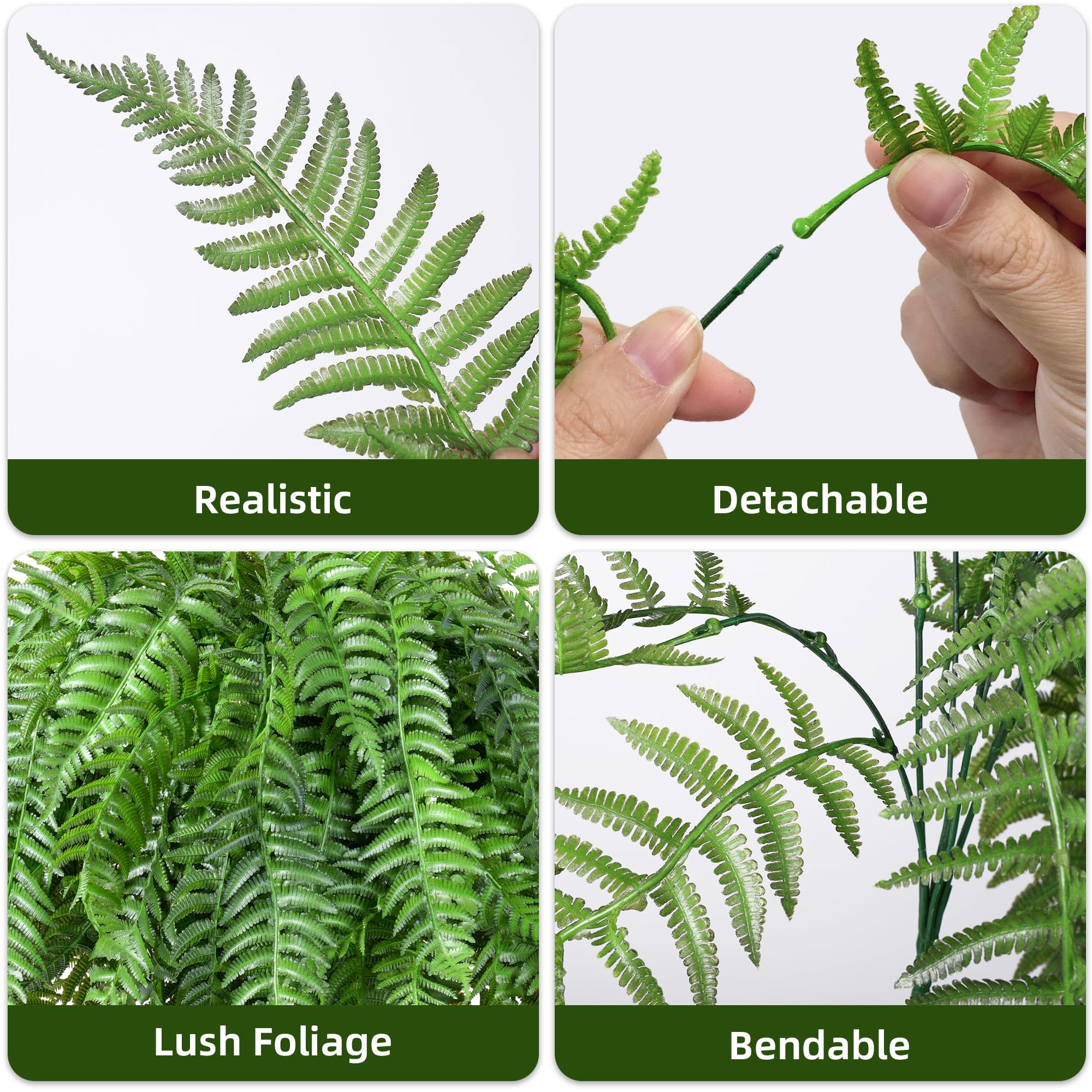 FancyPlus UV-resistant fern material for durable outdoor use and color retention.