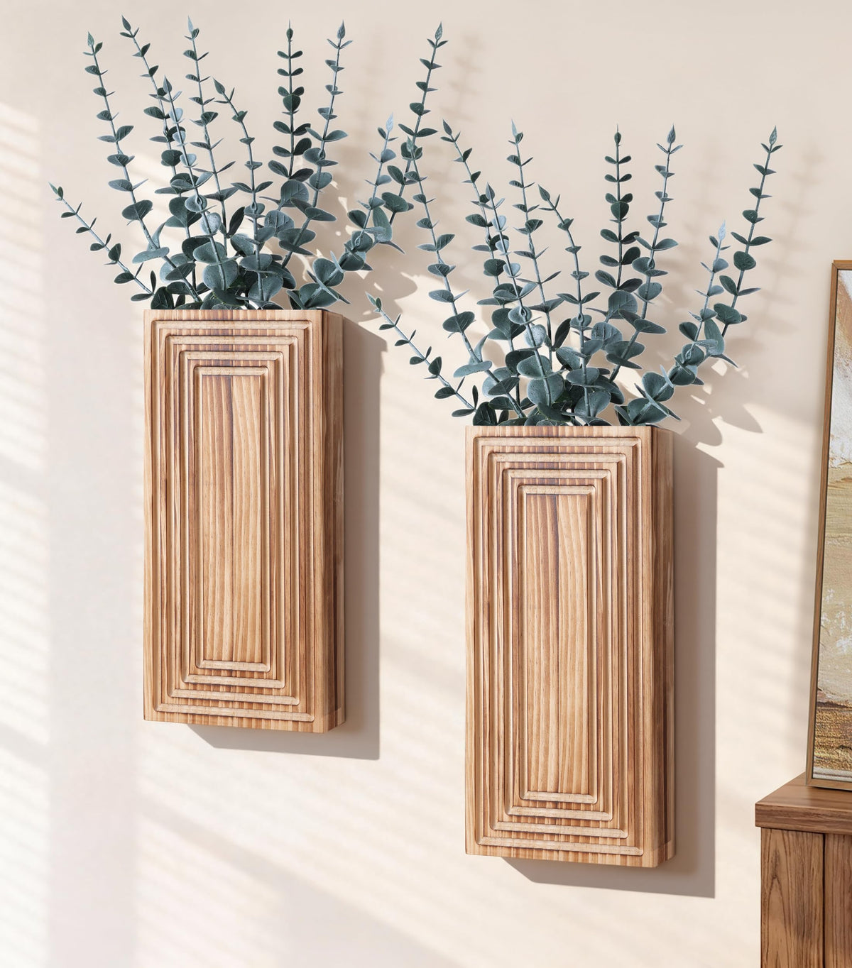 FancyPlus wooden wall planter two-pack on a neutral wall for warm decor