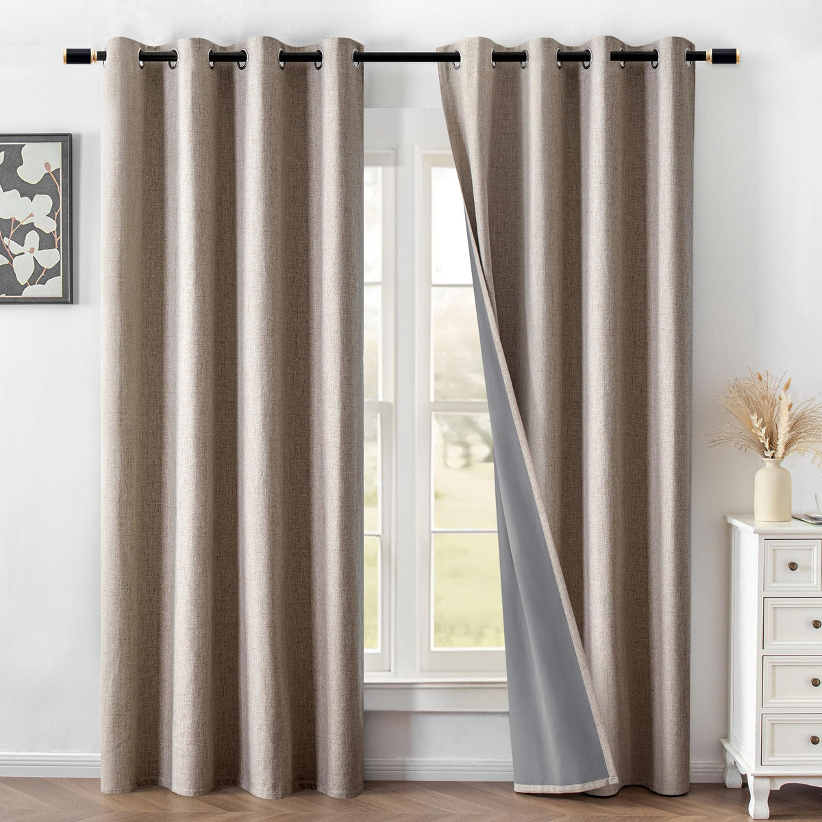 FancyRoof blackout curtains folded, linen texture for elegant living room decor.