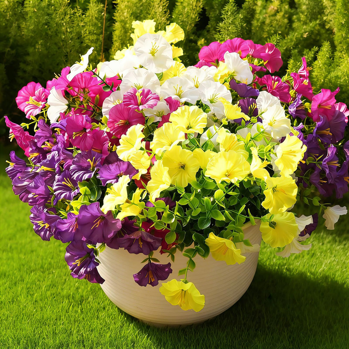 Fanfantoey 14-pack morning glory silk flowers for outdoor decor in sunlight.